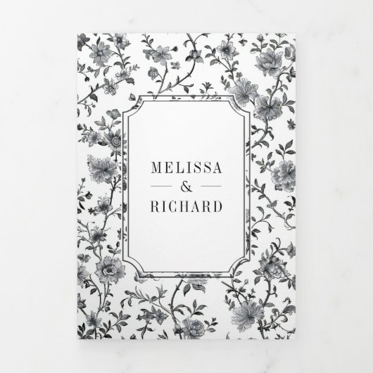 Zwart-wit Chinoiserie Crest QR Code Huwelijk Drieluik Uitnodiging (Cover)