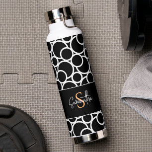 Zwart-wit cirkelpatroon met monogram waterfles