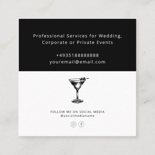 Zwart-wit cocktail professionele barman vierkante visitekaartje (Achterkant)