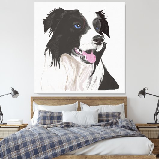 Zwart-wit Collie met Blauwe Ogen Portret. Canvas Afdruk (Insitu (Slaapkamer))