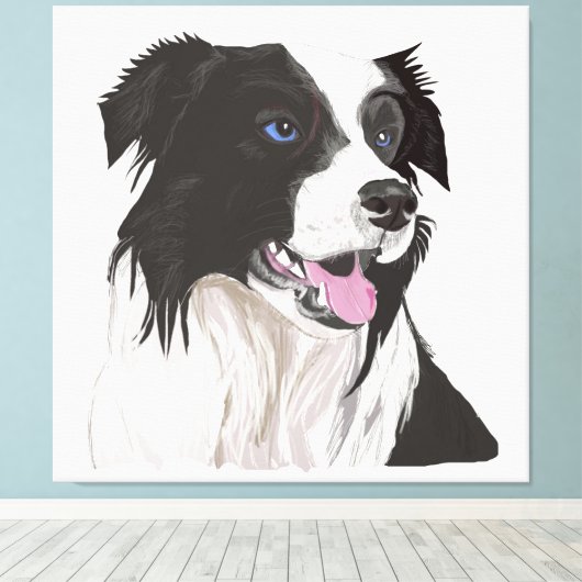Zwart-wit Collie met Blauwe Ogen Portret. Canvas Afdruk (Insitu (Houten vloer))
