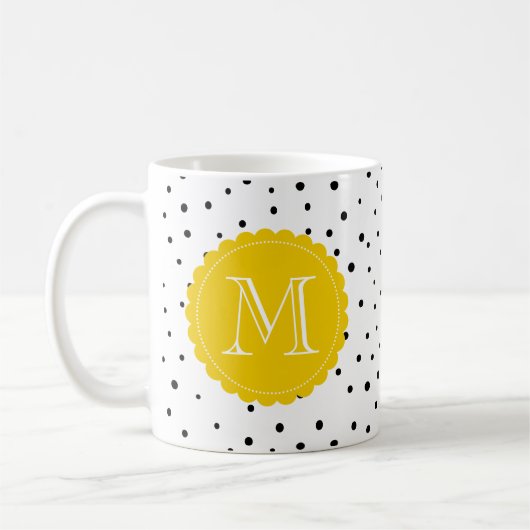 Zwart-wit Confetti Stippen Geel Monogram Mok (Links)