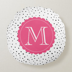 Zwart-wit Confetti Stippen Hot Pink Monogram Rond Kussen