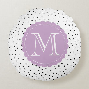 Zwart-wit Confetti Stippen Lila Monogram Rond Kussen