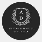 Zwart Wit Crest Modern Monogram Huwelijk Ronde Sticker (Voorkant)