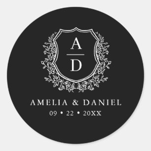 Zwart Wit Crest Modern Monogram Huwelijk Ronde Sticker