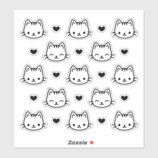Zwart-wit cute kattengezichtjes en harten vel sticker