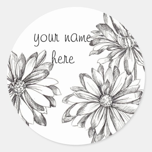 Zwart Wit Daisy Flower Aangepaste naam Ronde Sticker (Voorkant)