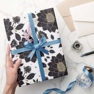 Zwart-Wit Daliëpatroon met Gouden Accenten Cadeaupapier