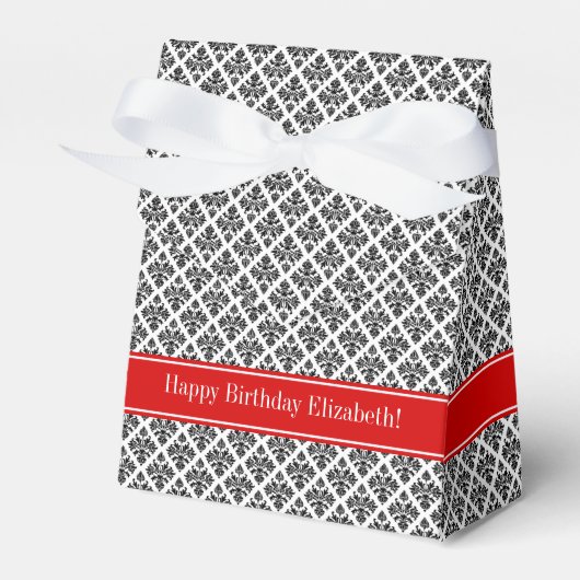  zwart-wit Damask #3 Rode naam Monogram Bedankdoosjes (Voorkant Zijde)