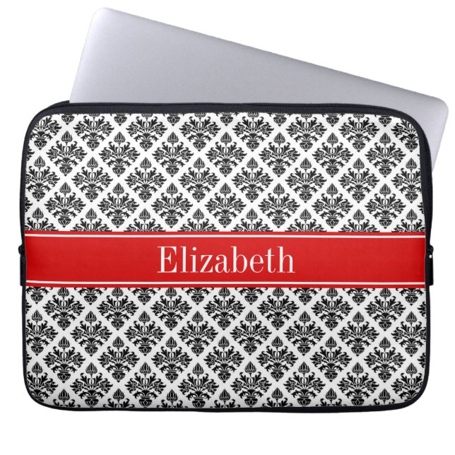  zwart-wit Damask #3 Rode naam Monogram Laptop Sleeve (Voorkant)