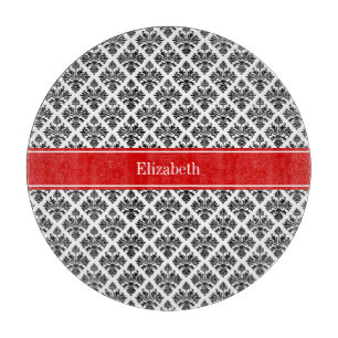 zwart-wit Damask #3 Rode naam Monogram Snijplank
