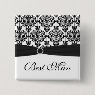 Zwart-wit Damask Best Man Pin Vierkante Button 5,1 Cm