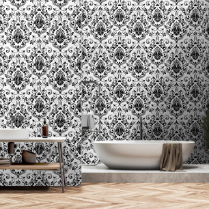 Zwart-wit Damask Bloemschil en stok Behang
