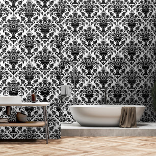 Zwart-wit Damask Bloemschil en stok Behang