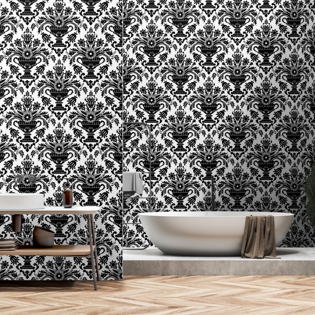 Zwart-wit Damask Bloemschil en stok Behang (Badkamer)