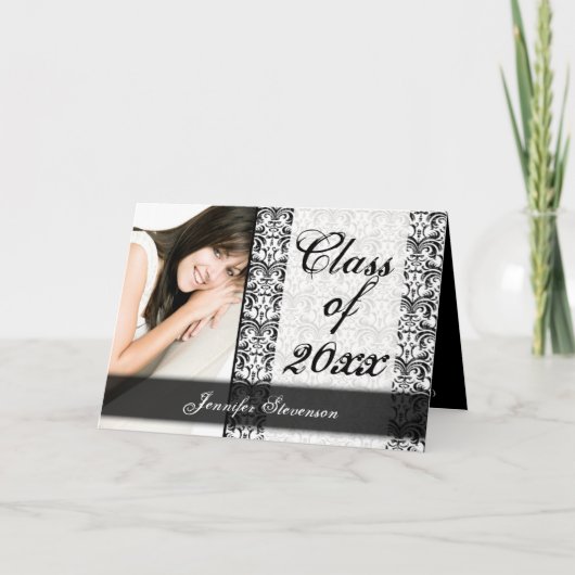 Zwart-wit Damask Chic Afstuderen aankondiging (Voorkant)