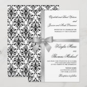 Zwart-wit Damask Faux Silver Ribbon Wedding Kaart (Voorkant / Achterkant)