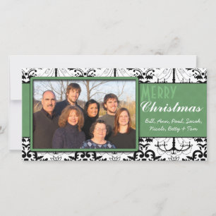 Zwart-wit Damask Green Trim Merry Kerstmis Feestdagenkaart