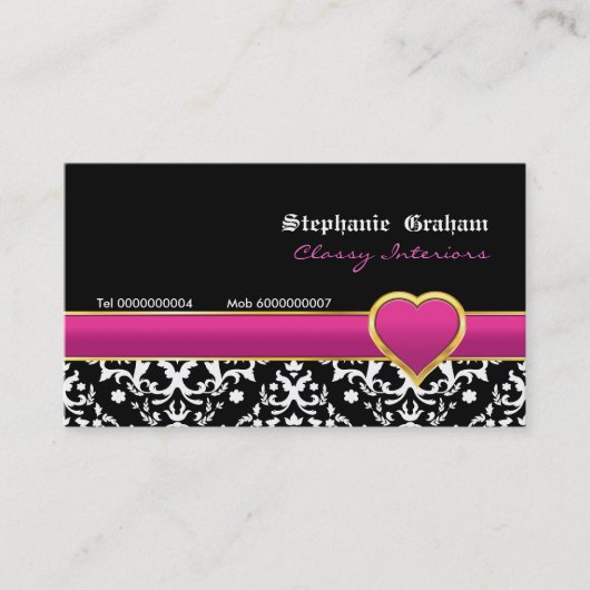 Zwart wit damask hot pink hart visitekaartje (Voorkant)