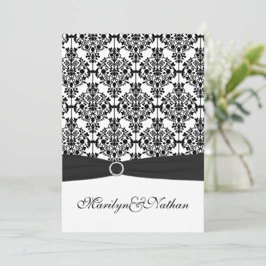 Zwart-wit Damask II bruiloft uitnodiging (Staand voorkant)