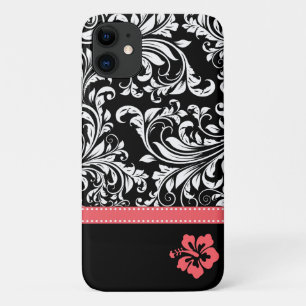 Zwart-wit Damask met koraal Hibiscus flower iPhone 11 Hoesje