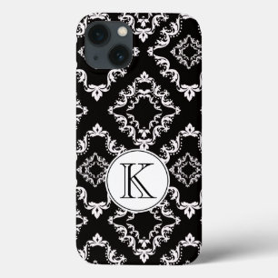 Zwart-wit Damask Monogram iPhone 13 Hoesje