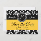 Zwart wit Damask Monogram Geel Sparen de Datum Save The Date (Achterkant)