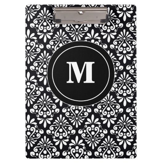 Zwart wit Damask Monogram Klembord (Voorkant)