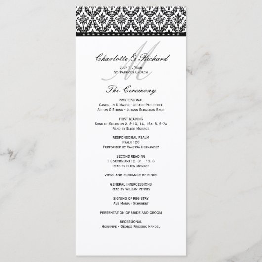 Zwart-wit Damask Monogram Wedding Programma (Voorkant)