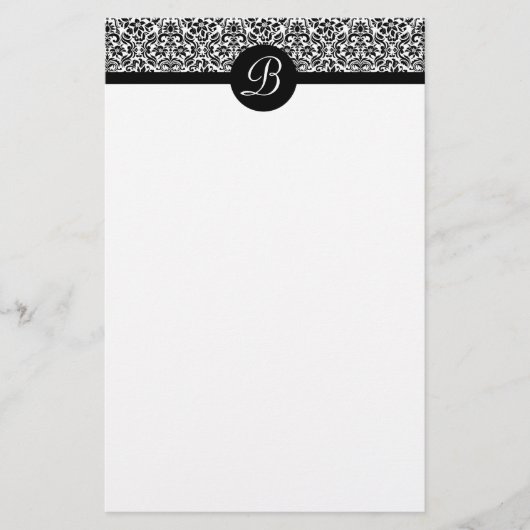 Zwart-wit Damask Monogrammed Schrijfpapier Briefpapier (Voorkant)