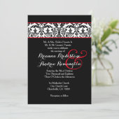Zwart-wit Damask Red Accents Wedding A09 Kaart (Staand voorkant)