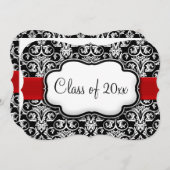 Zwart-wit Damask Red Ribbon Afstuderen Kaart (Voorkant / Achterkant)