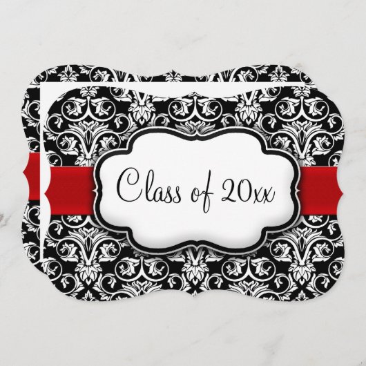 Zwart-wit Damask Red Ribbon Afstuderen Kaart (Voorkant / Achterkant)