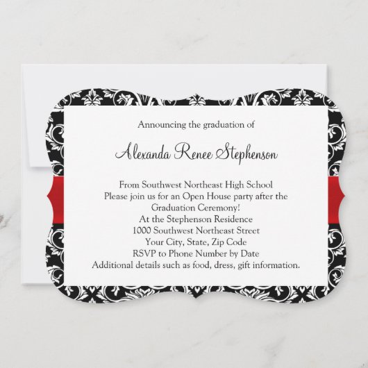 Zwart-wit Damask Red Ribbon Afstuderen Kaart (Achterkant)
