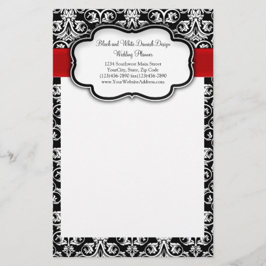 Zwart-wit Damask Red Ribbon Briefpapier (Voorkant)