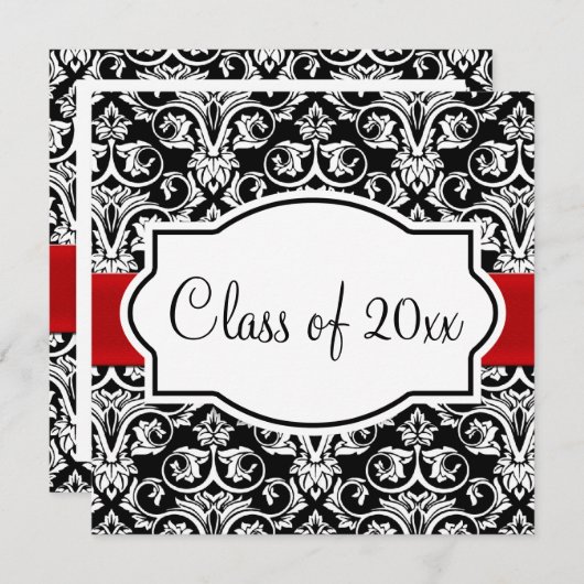 Zwart-wit Damask Red Ribbon Square Afstuderen Kaart (Voorkant / Achterkant)