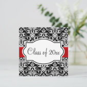 Zwart-wit Damask Red Ribbon Square Afstuderen Kaart (Staand voorkant)