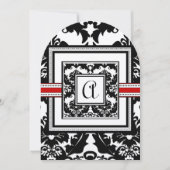 Zwart-wit Damask Red Trim Monogram Weddenschap Kaart (Voorkant)