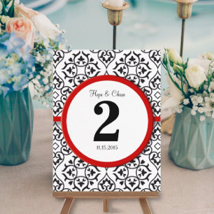 Zwart-wit Damask Red Trim-tabelnummer Briefkaart