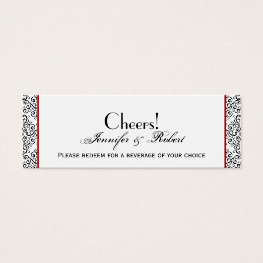 Zwart-wit Damask Rode Bruiloft Drink Ticket Mini Visitekaartjes (Voorkant)