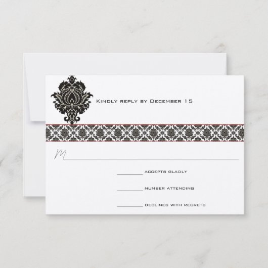 Zwart & Wit Damask Rode Trim Bruiloft Reactie RSVP Kaartje (Voorkant)
