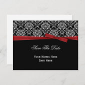 Zwart wit Damask Rood Bow-lint sparen de datum Aankondigingskaart (Voorkant / Achterkant)