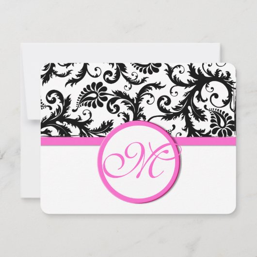 Zwart-wit Damask roze Trim RSVP (Achterkant)