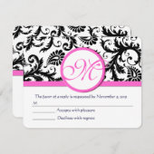 Zwart-wit Damask roze Trim RSVP (Voorkant / Achterkant)