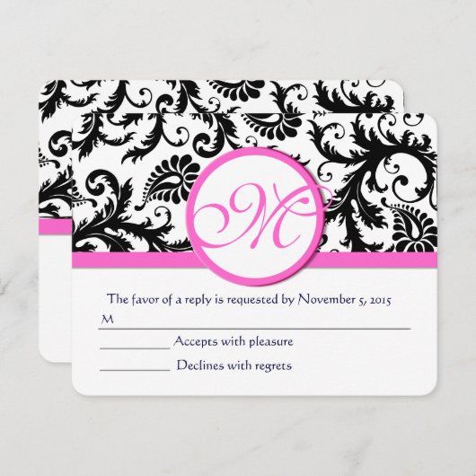 Zwart-wit Damask roze Trim RSVP (Voorkant / Achterkant)