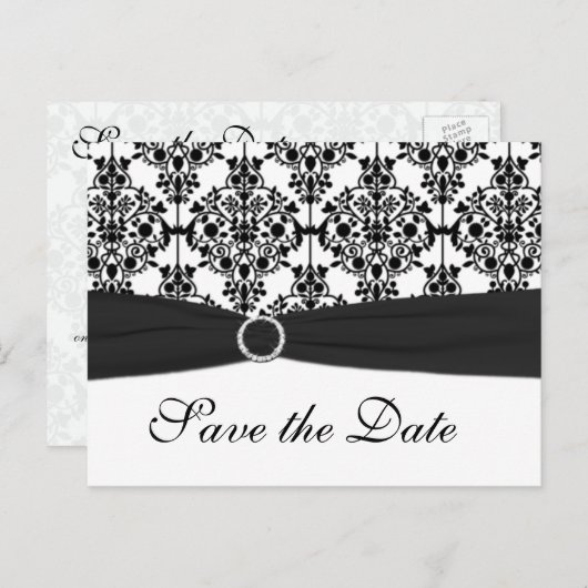 Zwart-wit Damask Save the Date Briefkaart (Voorkant / Achterkant)