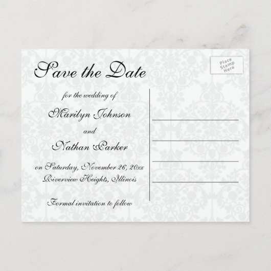 Zwart-wit Damask Save the Date Briefkaart (Achterkant)