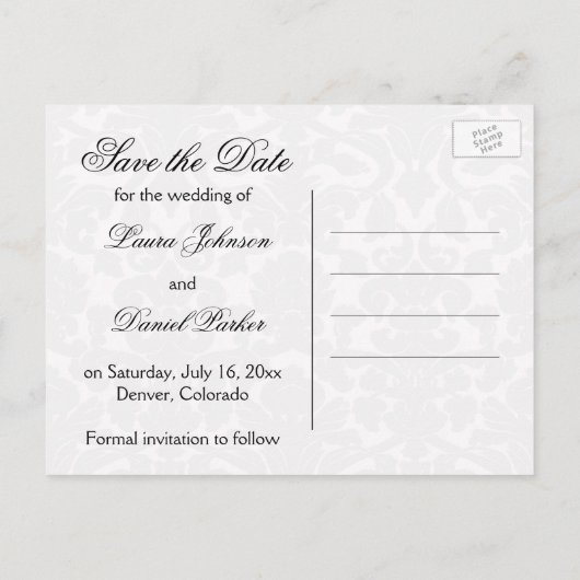 Zwart-wit Damask Save the Date Kaart (Achterkant)