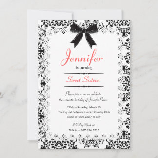 Zwart & Wit Damask Sweet 16 5x7 Uitnodiging